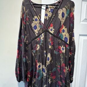 Free People Black and Red Long Sleeve Pleated Dress